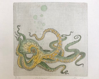 Original engraving "Octopus". Octopods. Octopus. Octopus. Kraken. etching. printmaking