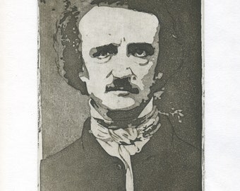 Original edgar Allan Pœ engraving. Edgar Allan Po.Edgar And Heching. printmaking allan po. drypoint. portrait edgar allan poe