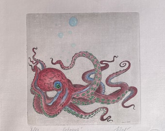 Original engraving "Octopus"." Octopods. Octopus. Octopus. Kraken. etching. printmaking