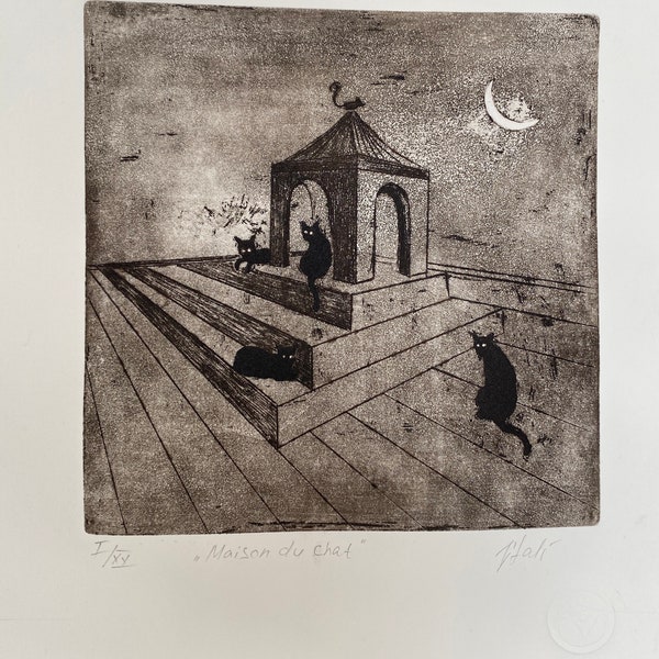 Cats in the night engraving "Maison du chat", original, signed.