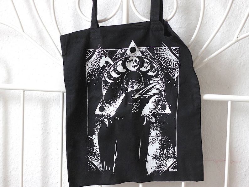 handprinted cotton tote crow raven occult