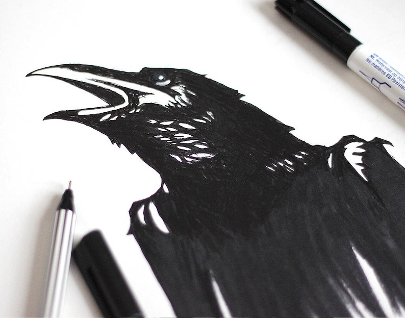 handprinted cotton tote crow raven occult