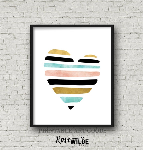 Teal Gold Watercolor Heart Modern Bedroom Decor Watercolor Art Print Abstract Home Decor Scandinavian Wall Art Geometric Art Print