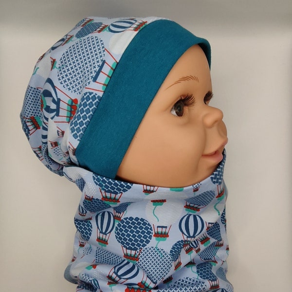 Set aus Beanie und Loop für Kinder, Heißluftballon, Jersey, Petrol blau