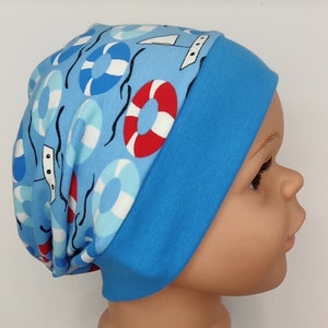 Mütze für Jungen, Beanie, mitwachsend, Boote, Rettungsring, blau