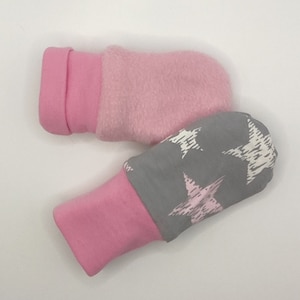 Baby gloves, mittens, from birth, lined with fleece, girls, stars, pink