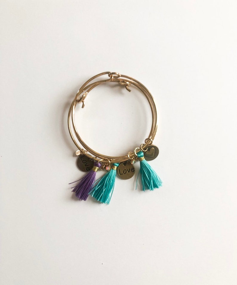 gold charms Mother/'s Day gift for her stacking bracelets rustic classy Gold charms bracelet blue and purple tassels set of 3