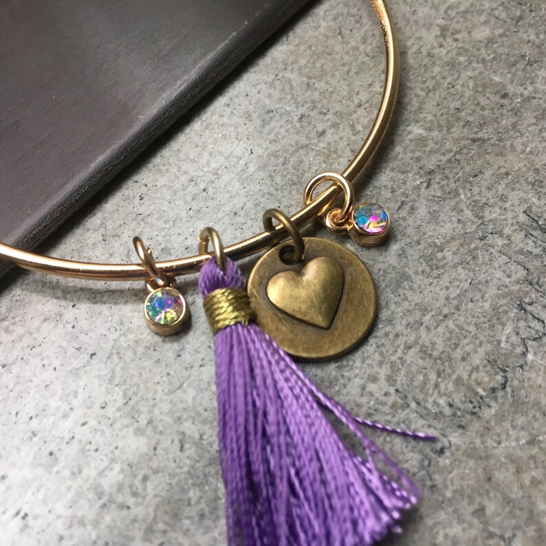 gold charms Mother/'s Day gift for her stacking bracelets rustic classy Gold charms bracelet blue and purple tassels set of 3