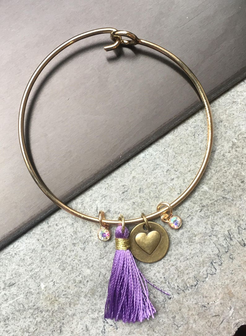 gold charms Mother/'s Day gift for her stacking bracelets rustic classy Gold charms bracelet blue and purple tassels set of 3