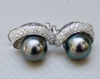 Exquisite 12MM Perfectly Round Flawless Tahitian Pearl With Diamonds In 18K solid Gold Earrings.