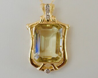 Gold. Citrine. Diamond. Exquisite 14k Solid Gold with 20x15 MM Emerald Cut Citrine and Diamond Accent Enhancer Pendant.