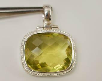 Sterling Silver. Lemon Quartz.Stunning  Huge 25x20 MM Cushion Cut Lemon Quartz and Sterling Silver Pendant.