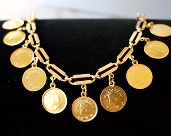 A Magnificent Solid 18k Yellow Gold Chain with 10 Pahlavi Gold Coin Bracelet. Size 6.75 inches