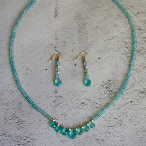 Beautiful Handmade genuine Aqua/ Paraiba Color Apatite with 14k Gold Necklace with Matching Earrings.
