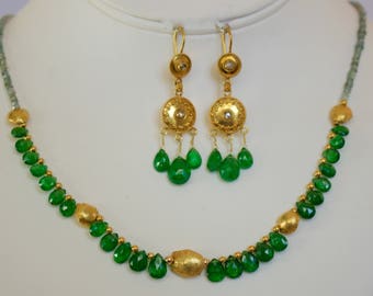 Beautiful Tsavorite Beads, Sapphire Strand with 18k solid Gold and Diamond Necklace with Matching Earrings.