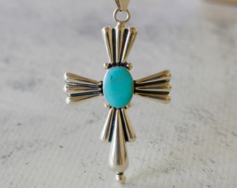 From Mexico. Sterling Silver. Turquoise. Huge Magnificent Sterling Silver with Turquoise Cross Pendant.