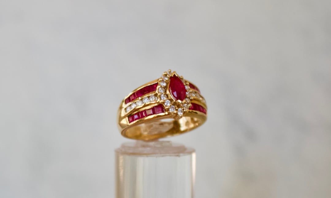 Ruby. Genuine Ruby and Diamond in Solid 14K Yellow Gold Ring. Size 7 - Etsy