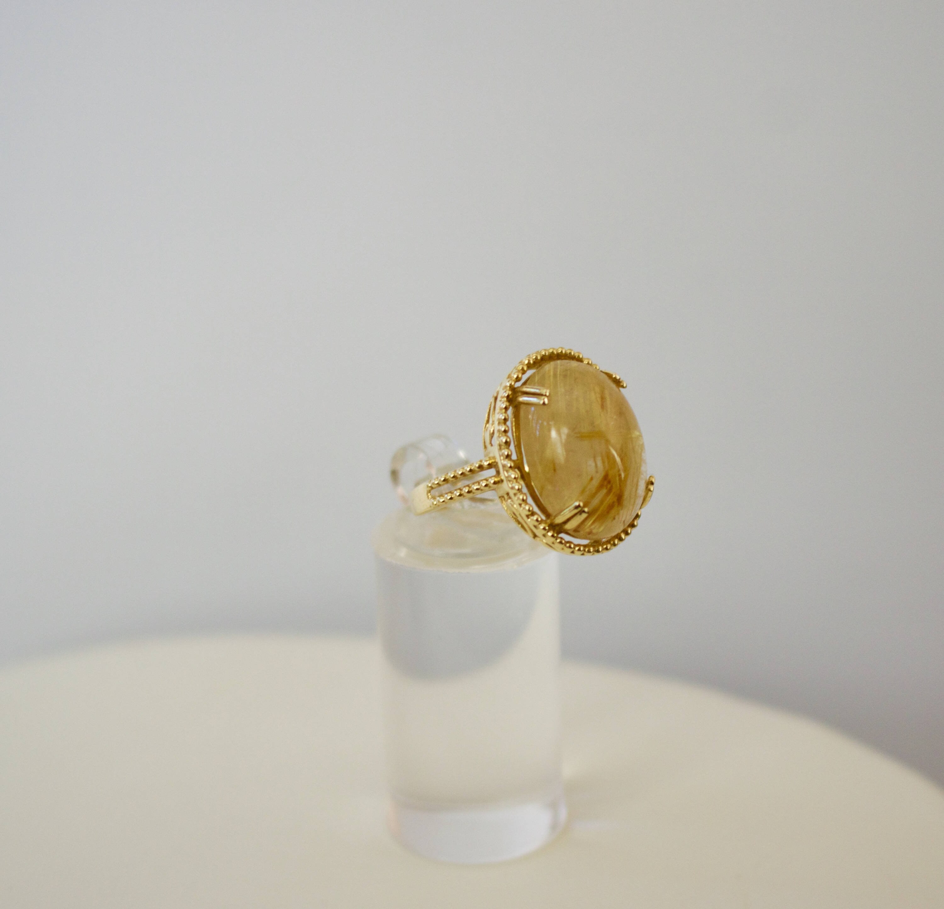 Gold. Rutile Quartz. Stunning Solid 14k Gold with 18x14 MM Cabochon Rutile Quartz Ring. Size 6.5