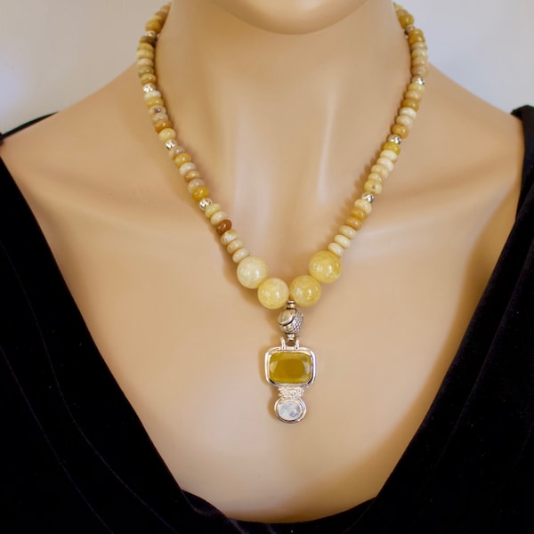 Gorgeous Handmade Yellow Jade and Yellow Agate Necklace With Yellow Agate Pendant Set In Sterling Silver With Matching .Earrings.