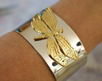 Exquisite, Stunning 14k Solid Tow Tone Gold  Dragonfly Cuff Bracelet.