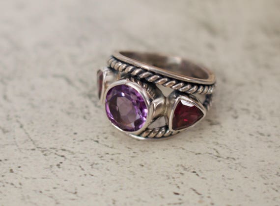 Sterling Silver. Amethyst. Garnet. Artful, Handmade Sterling Silver with Amethyst and Garnet Ring.