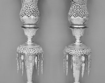 Persian Sterling Silver. Pair Of Exquisite Handmade Handcrafted Ceremonial Pierced Sterling Silver Candelabras, Chandelier Lamps.