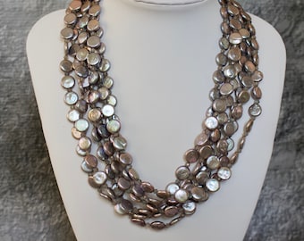 Gorgeous 6 Strands Of Handmade 5 MM Silver, Gray Freshwater Coin Pearls And Labradorite And Sterling Silver Necklace.