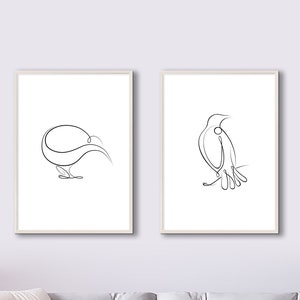 Mid Century Modern Art Prints, Neuseeland Kiwi, Tui Vogel, 2er Set, Minimalist Line Wall Art Digitaler Download