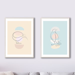 Mid Century Modern Kunstdrucke, Neuseeland Kiwi, Tui Bird, mit abstraktem Hintergrund, 2er Set, Minimalistische Wandkunst Digitaler Download