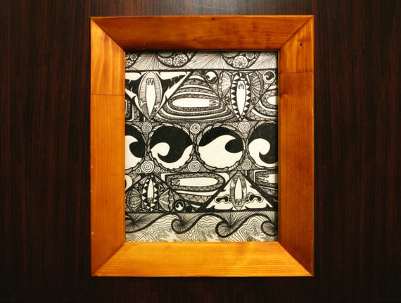 Abstrait Plage Thème Dessin Psychédélique Surf Ii à Lencre Sur Papier 8 X 10 Dans Le Cadre De 11 X 13 Vague Océan Surf Clam Zentangle