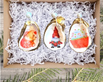 Land of Sweets and Gnomes*Oyster Shell Ornaments*Christmas Sea Shell Ornaments*Rustic Char*Coastal Holiday Decor*Gnome for the Holidays