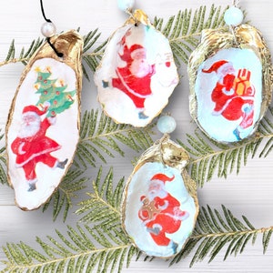 Santa Claus Ornaments* North Pole Christmas Oyster Shell Ornament* Holiday Decor*Decoupaged Shell*Coastal Beach Decoration*Gift for Holidays