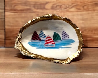 Sailboat Oyster Shell Ring Dish* Oyster Dish* oyster shell ornament*oyster shell trinket dish*coastal gift*shell jewelry holder*boat art