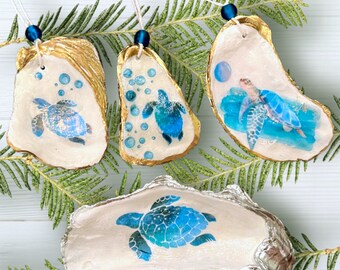 Nautical Blue Sea Turtle Ocean Oyster Shell Ornaments*Ring Trinket Dish*Anthropologie Home Inspired*