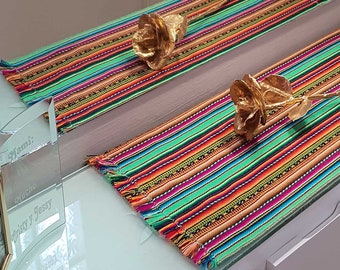 Mini table runners, toppers, tablecloth, andean, ethnic, hispanic, Cusco, Peruvian, magenta, pistachio, coffee table, entrywar, shelf