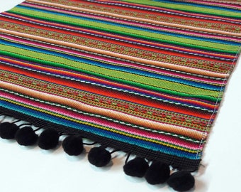 Table runner lemon pom pom, Andean, Peruvian decor, Andean decor, ethnic table runner, lemon green, striped, ethnic table runners