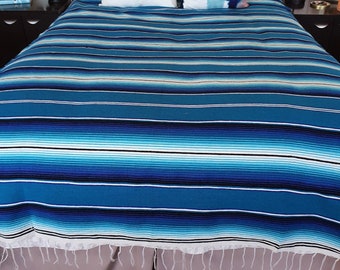 Serape blanket, turquoise royal blanket,Mexican woven, accent,ethnic,native,artisan,throw,blanket,Mexican decor