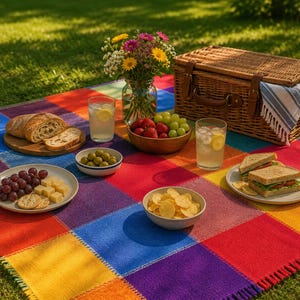 May include: A picnic scene on a colourful, checkered blanket. Includes a wicker basket, sandwiches, fruit, bread, olives, chips, and drinks. A vase of flowers adds a decorative touch to the outdoor setting.
