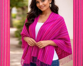 Fuchsia Striped Rebozo Shawl: Mexican Cambaya Scarf