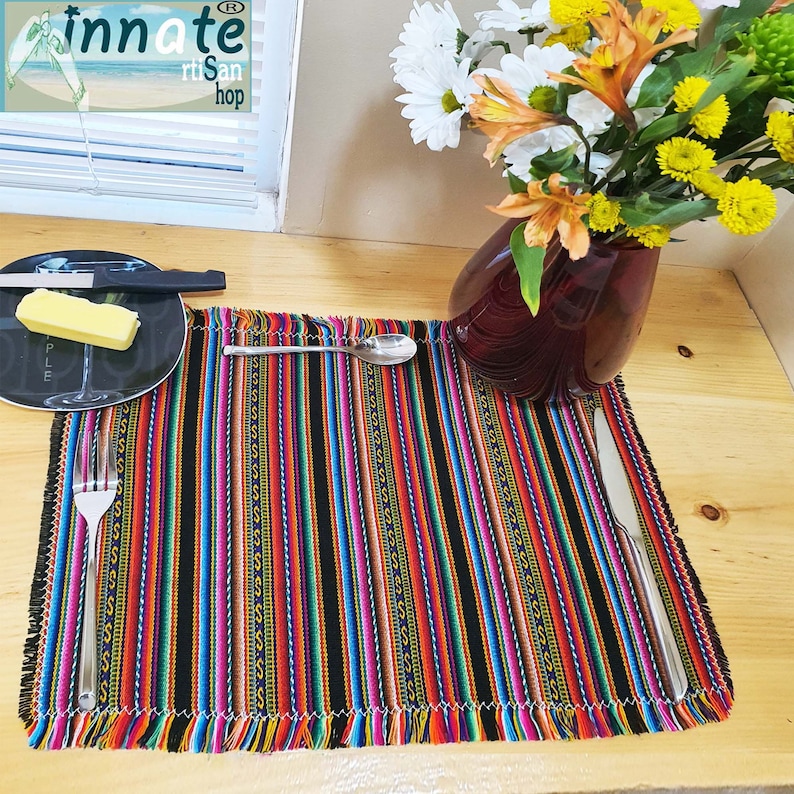 Placemats vivid colors,Sets, royal blue, orange,ethnic,Peruvian,Peru,Inca,aguayo,hispanic,decor,linen,Andean placemats,ethnic,individuales Black