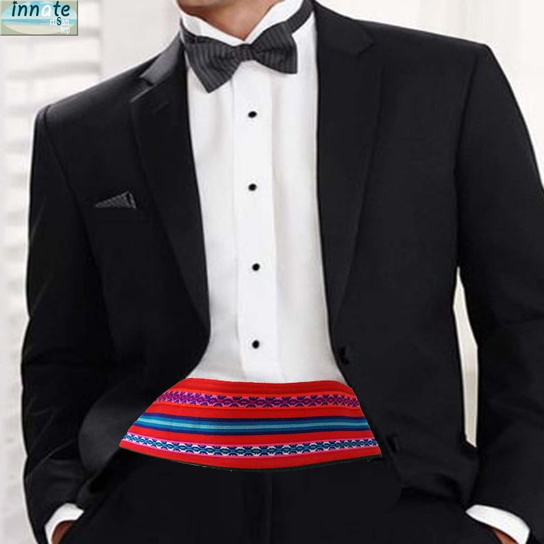 cummerbund, Andean, ethnic, turquoise, striped, custom made, special, faja andina, waistband, sash, tuxedo waistband, tuxedo, cinto para tuxedo, unique cummerbund, red, fuchsia, turquoise, yellow, green