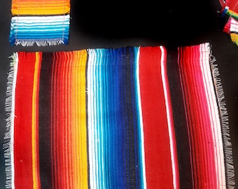 Serape placemat & coasters,linen,Mexican fiesta,serape fabric,native,ethnic,handmade,soho decor,native linen,Mexican party, Mexican fabric