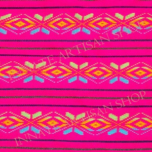 May include: A vibrant pink textile with a repeating geometric pattern. The design features diamond and floral shapes in yellow, light blue, and green, set against a background of horizontal black stripes. The overall aesthetic is colorful and eye-catching.