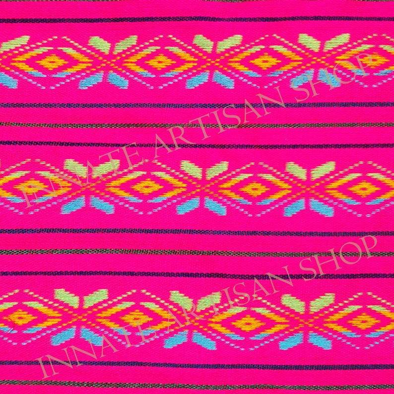 May include: A vibrant pink textile with a repeating geometric pattern. The design features diamond and floral shapes in yellow, light blue, and green, set against a background of horizontal black stripes. The overall aesthetic is colorful and eye-catching.