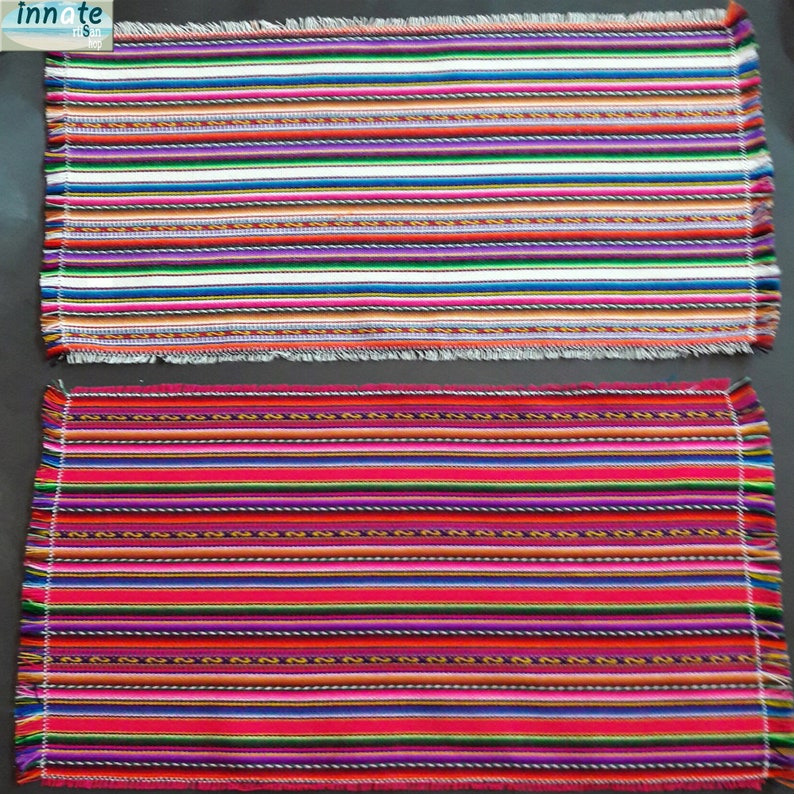 placemats sets, aguayo fabric, Peruvian placemats, individuales Peruanos, Andinos, juego de individuales, Placemats stripped, white placemats, magenta placemats, fuchsia placemats, cusco designs