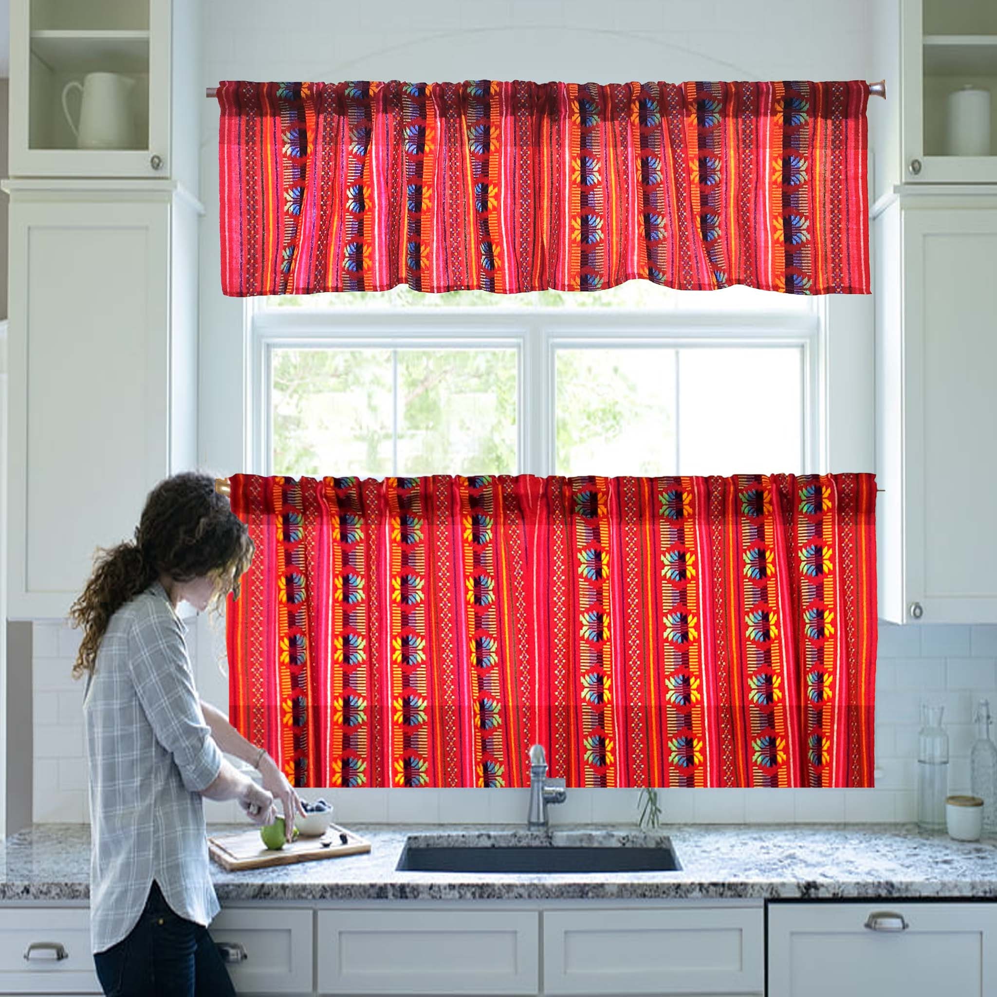 Mexican Cafe Curtain: Woven Cambaya Artisan Panel, Ethnic Valance