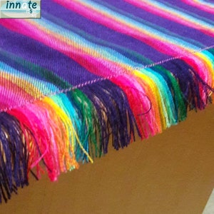 May include: A vibrant, colorful textile with a striped pattern in shades of purple, pink, yellow, green, and blue. The edge is finished with a fringe of rainbow-colored threads. The textile is likely a blanket or a decorative cloth.