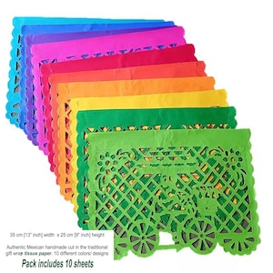 May include: A stack of ten colorful tissue paper sheets, each with a unique design and scalloped edges. The sheets are 13 inches wide and 9 inches high, in a rainbow of colors including blue, pink, and green. The text says "Pack includes 10 sheets".