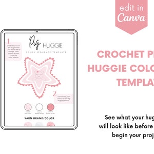 Peut inclure: Un modèle numérique pour crocheter un doudou cochon. Le modèle montre un doudou cochon rose en forme d'étoile et des instructions pour choisir les couleurs de la laine. Le texte sur le modèle indique "Modèle de séquence de couleurs pour doudou cochon".