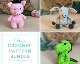 Fall Crochet Pattern Bundle Includes Patterns for a Witch Pig, Alligator, and Goat